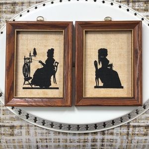 Vintage set of Kay Dee 100% pure linen woman silhouette handprints in wood frame